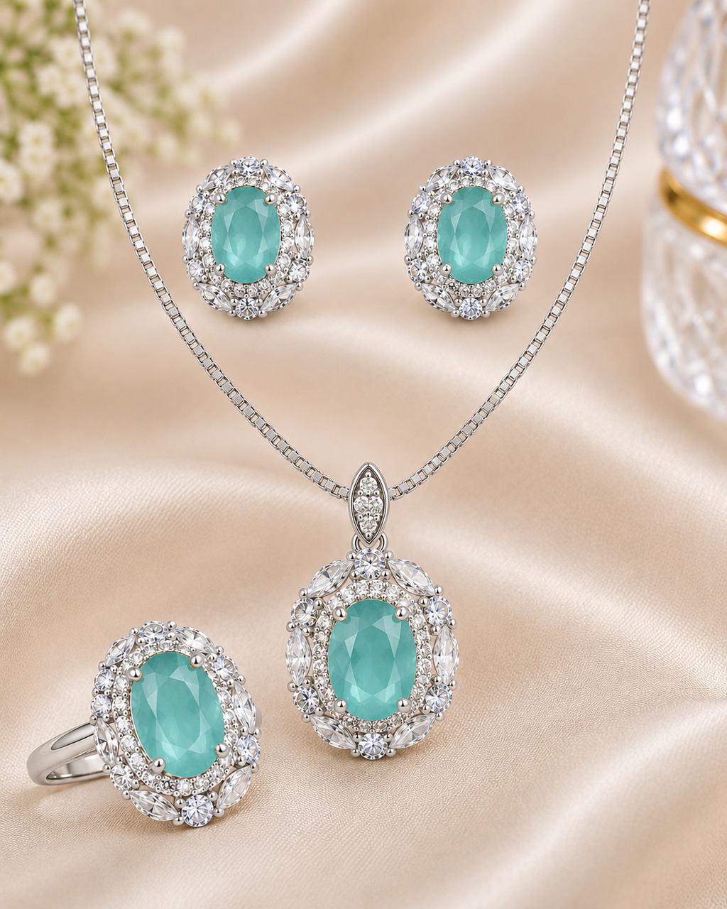 Ocean Glow Silver Jewelry Set – Pendant, Earrings & Ring