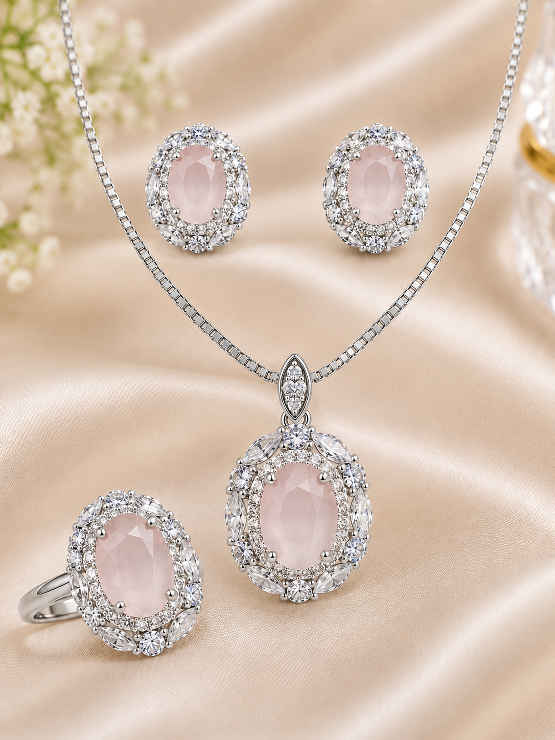 Blush Elegance Silver Jewelry Set – Pendant, Earrings & Ring