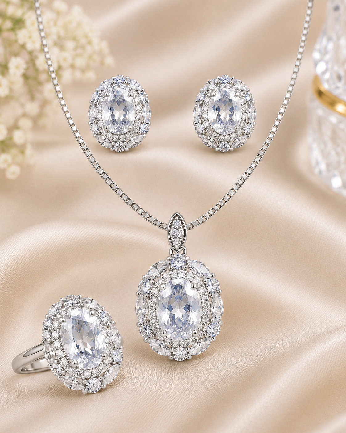 Crystal Bloom Silver Jewelry Set – Pendant, Earrings & Ring