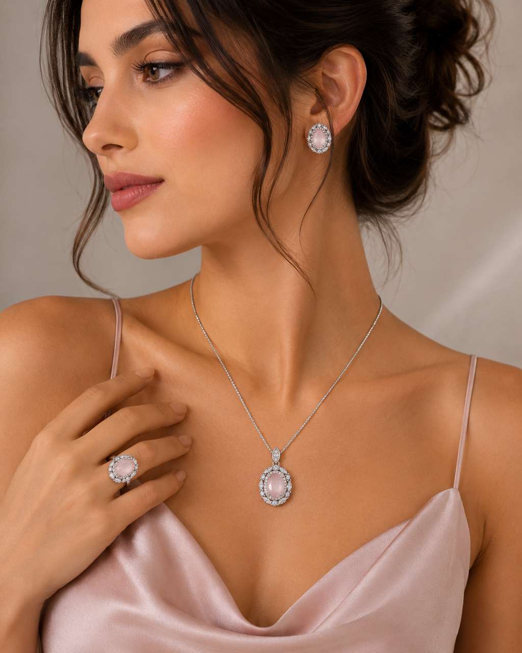 Blush Elegance Silver Jewelry Set – Pendant, Earrings & Ring